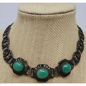 Antique Silver Choker Necklace with Aventurine Cabochons